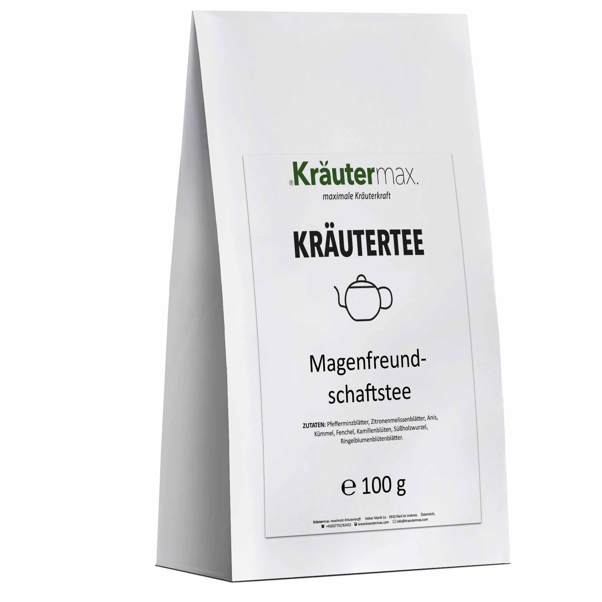 Weiße Verpackung mit Kräutermax-Logo und Aufschrift Kräutertee. Illustration einer Teekanne. Text: Magenfreundschaftstee, e 100 g.
