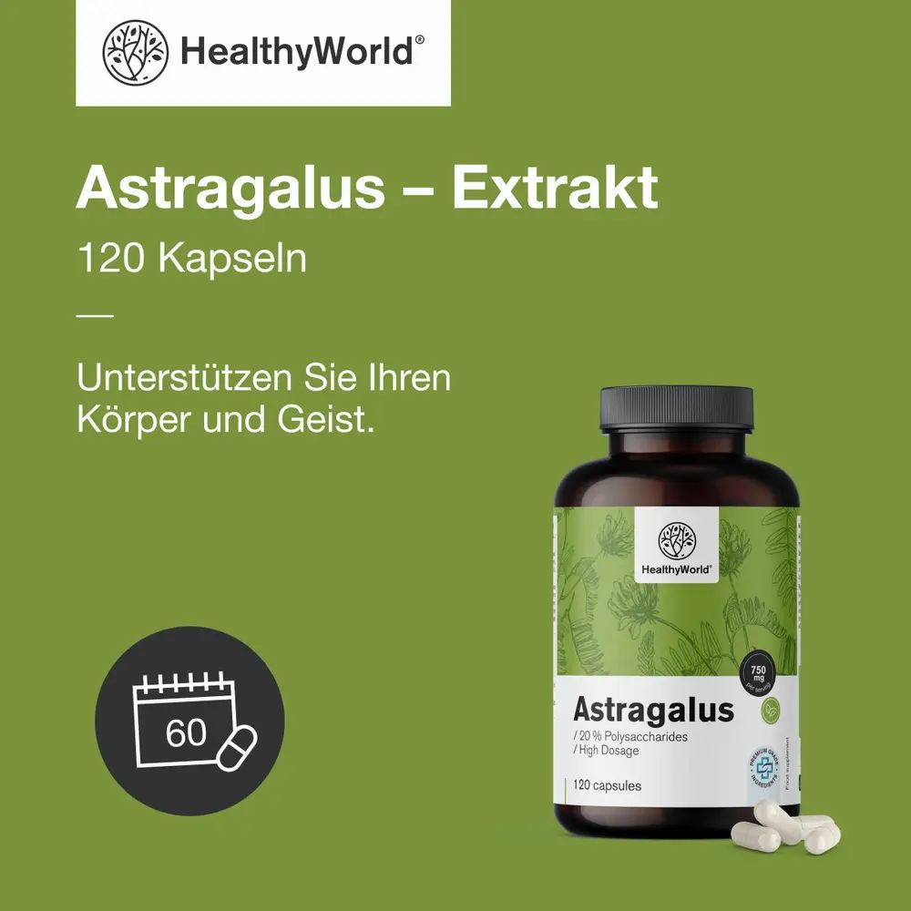 Flasche mit Astragalus-Extrakt, 120 Kapseln, mit Text über Ballaststoffe.