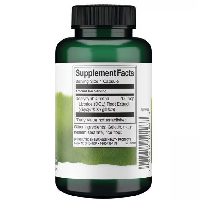 Rückseite der grünen Flasche. Etikett mit Nährwertangaben. Enthält: Deglycyrrhizinierte Süßholzwurzel. 700 mg pro Portion.