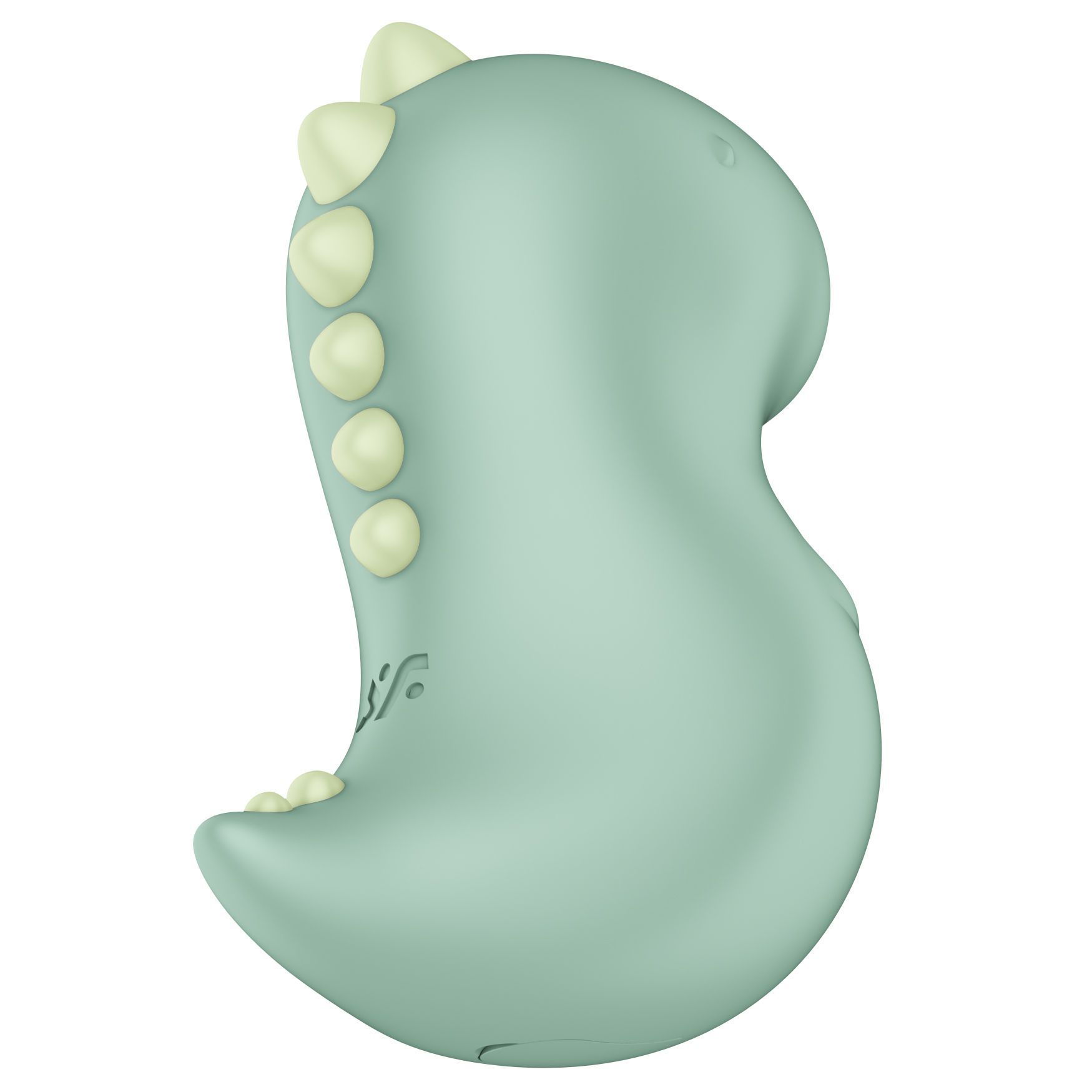 Rückseite eines grünen Dinosaurier-Vibrators mit gelben Stacheln.