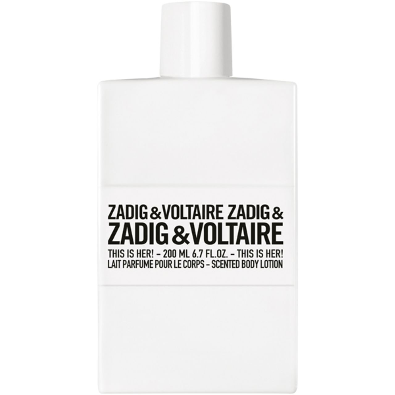 Weiße Flasche mit Aufschrift Zadig & Voltaire. Text: This is Her! Scented Body Lotion. 200 ml.