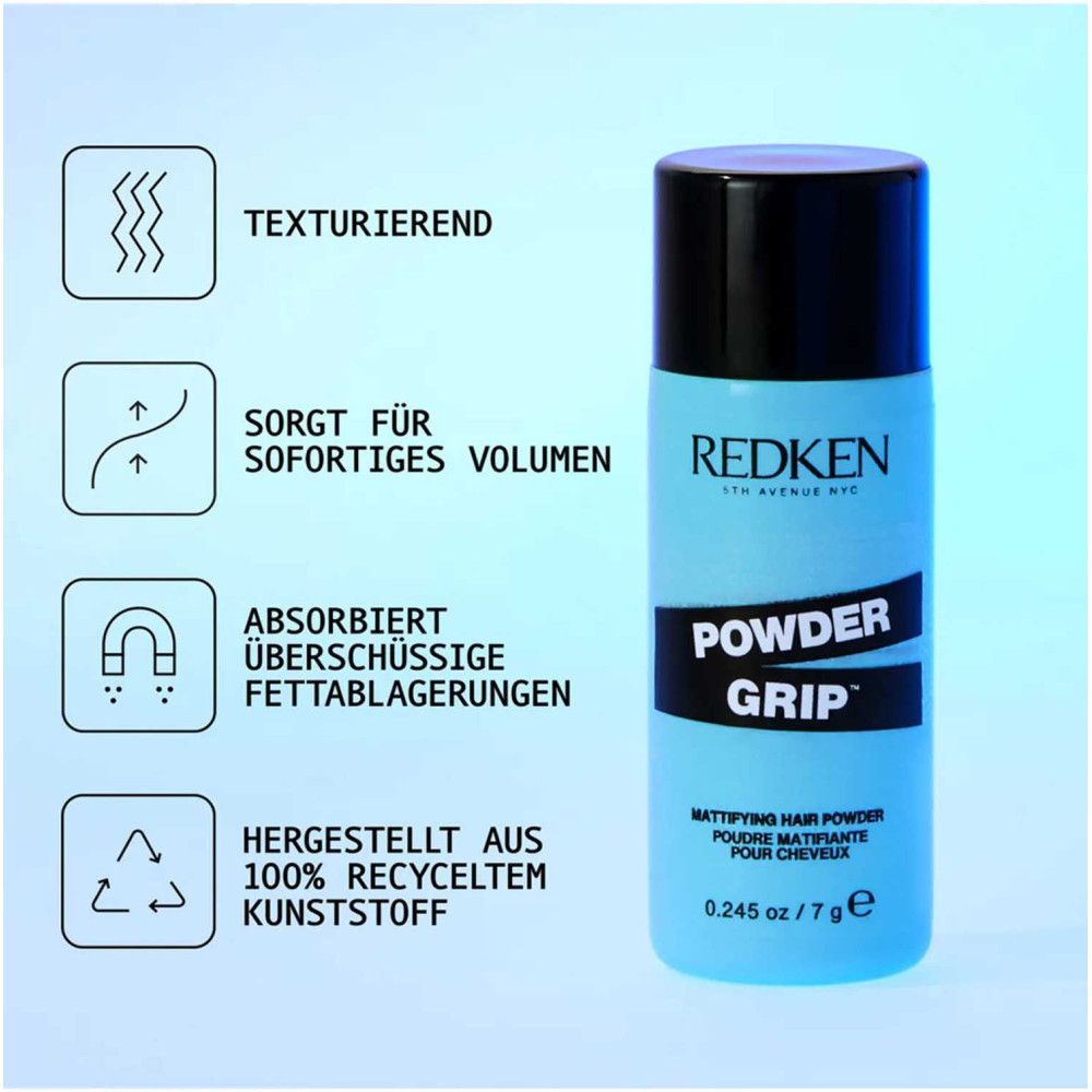 Zylindrische Flasche, blau, mit schwarzem Deckel. Text: REDKEN, POWDER GRIP, Mattifying Hair Powder.