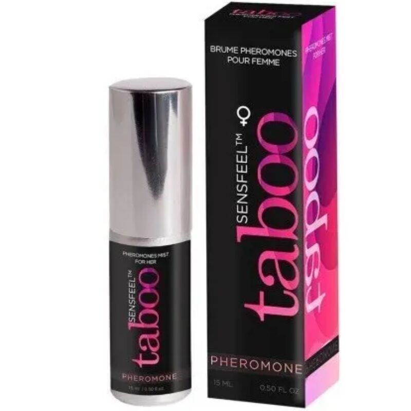 Flasche und Verpackung. Flasche mit silbernem Deckel. Verpackung schwarz mit rosa Schriftzug "taboo".