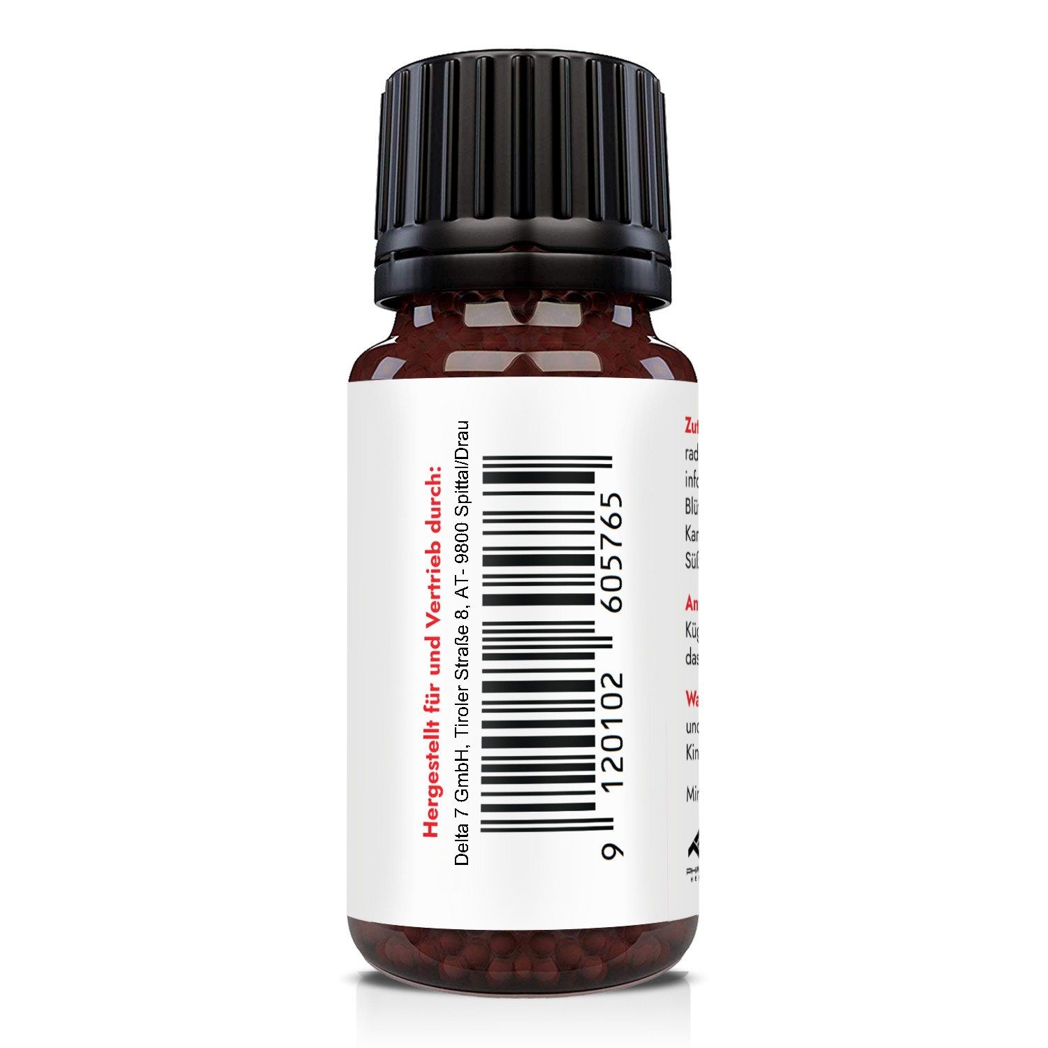 Rückseite der Flasche mit Text und Barcode. Hersteller: Delta 7 GmbH, Tiroler Straße 8, AT-9800 Spittal/Drau.