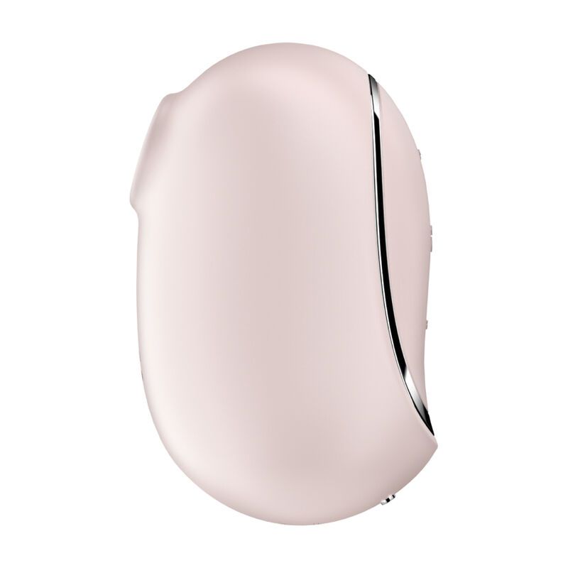 Ein heller, ovaler Vibrator mit silbernem Rand, Bedienelementen und Ladeanschlüssen.