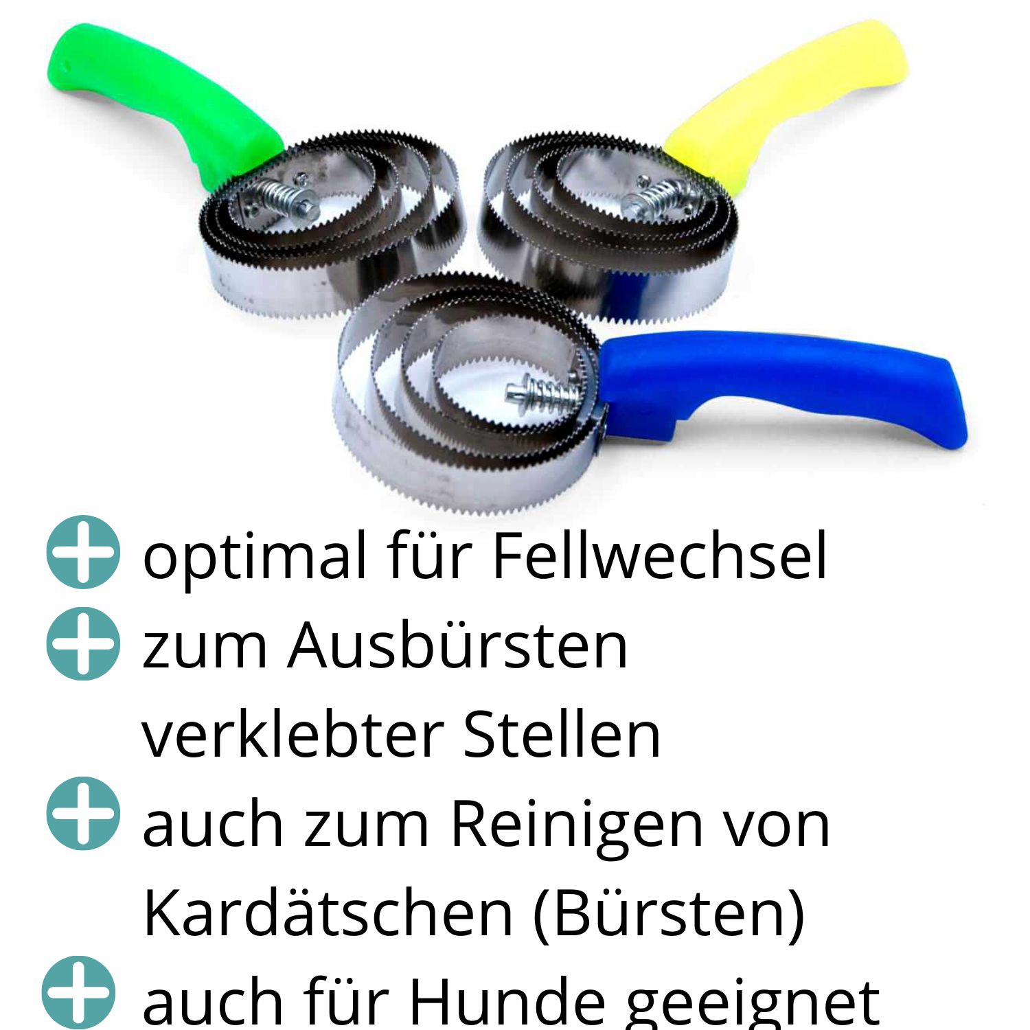 Drei Metallstriegel mit farbigen Griffen. Optimal fuer Fellwechsel, zum Ausbuersten verklebter Stellen und fuer Hunde geeignet.