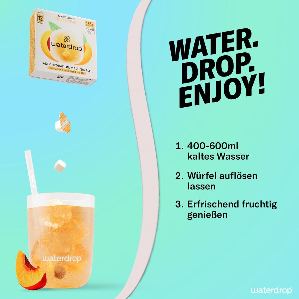 Glas mit Flüssigkeit und Eiswürfeln. Daneben: waterdrop® Microdrink-Verpackung. Text: Water. Drop. Enjoy! 1. 400-600ml kaltes Wasser.