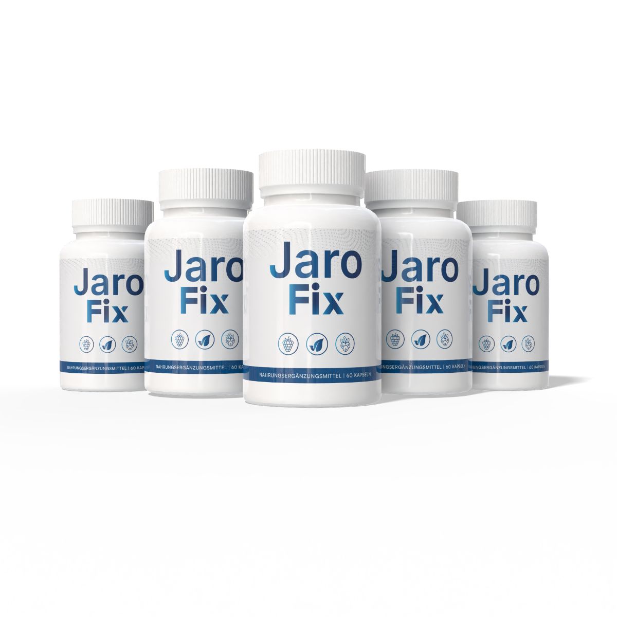 Fünf weiße Flaschen "Jaro Fix" mit blauen Etiketten, die jeweils 60 Kapseln enthalten.