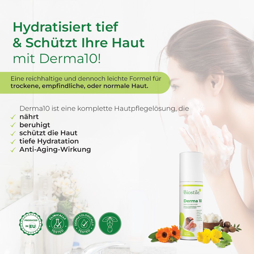 Biostile Derma 10 Pflegecreme mit Siegeln für EU-Produktion und dermatologische Tests.
