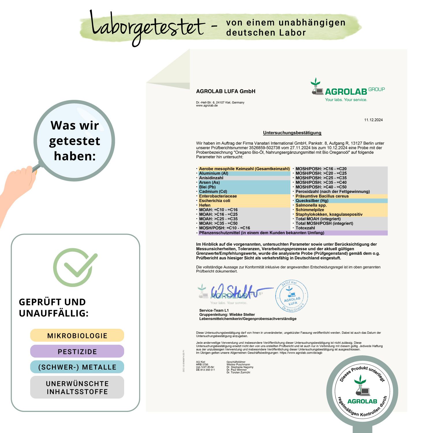 Zertifikat von Agrolab. Geprüft auf: Mikrobiologie, Pestizide, Schwermetalle, unerwünschte Inhaltsstoffe. Logo: Agrolab.