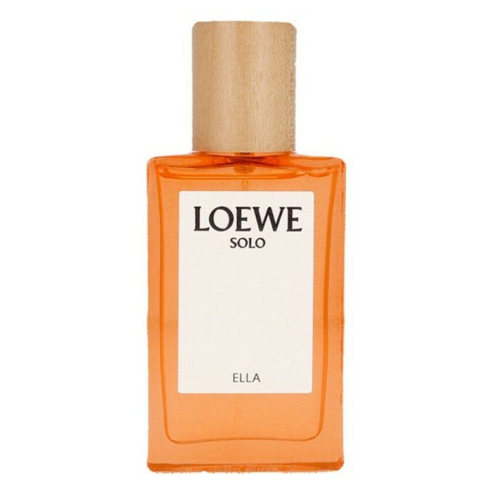 Loewe Solo Ella Eau de Parfum Spray. Rechteckiger Flakon mit Holzverschluss. Aufschrift: Loewe Solo, Ella. Flüssigkeit orange.