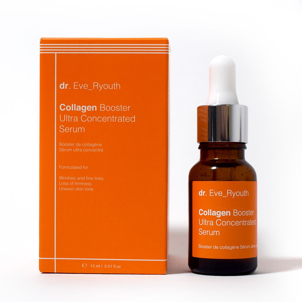 Dr. Eve_Ryouth Kollagenbooster Serum mit Faltschachtel. Braune Glasflasche mit Pipette.