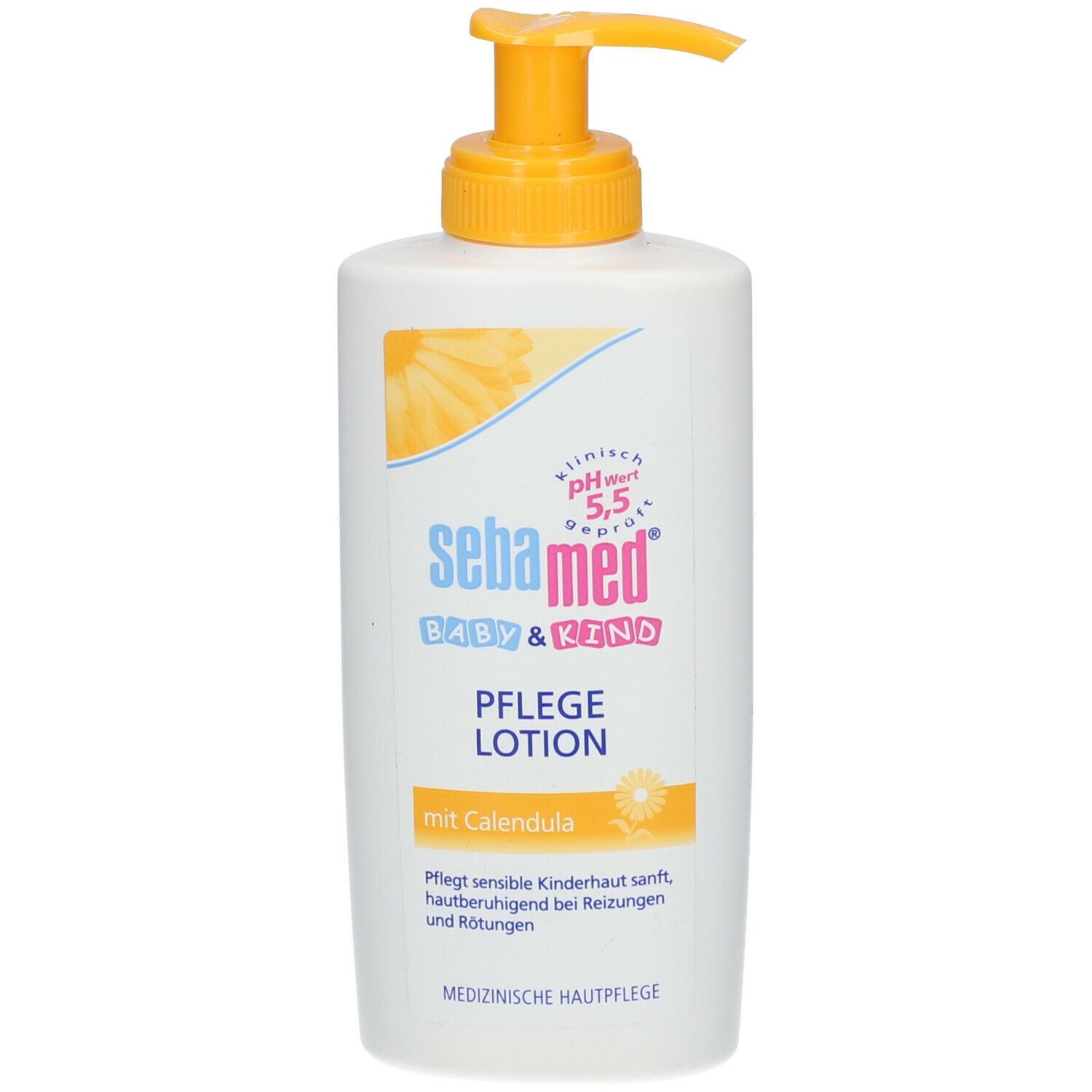 Weiße Flasche mit gelbem Pumpkopf. Aufschrift: sebamed BABY & KIND PFLEGE LOTION. Mit Calendula. Klinisch getestet pH 5,5.
