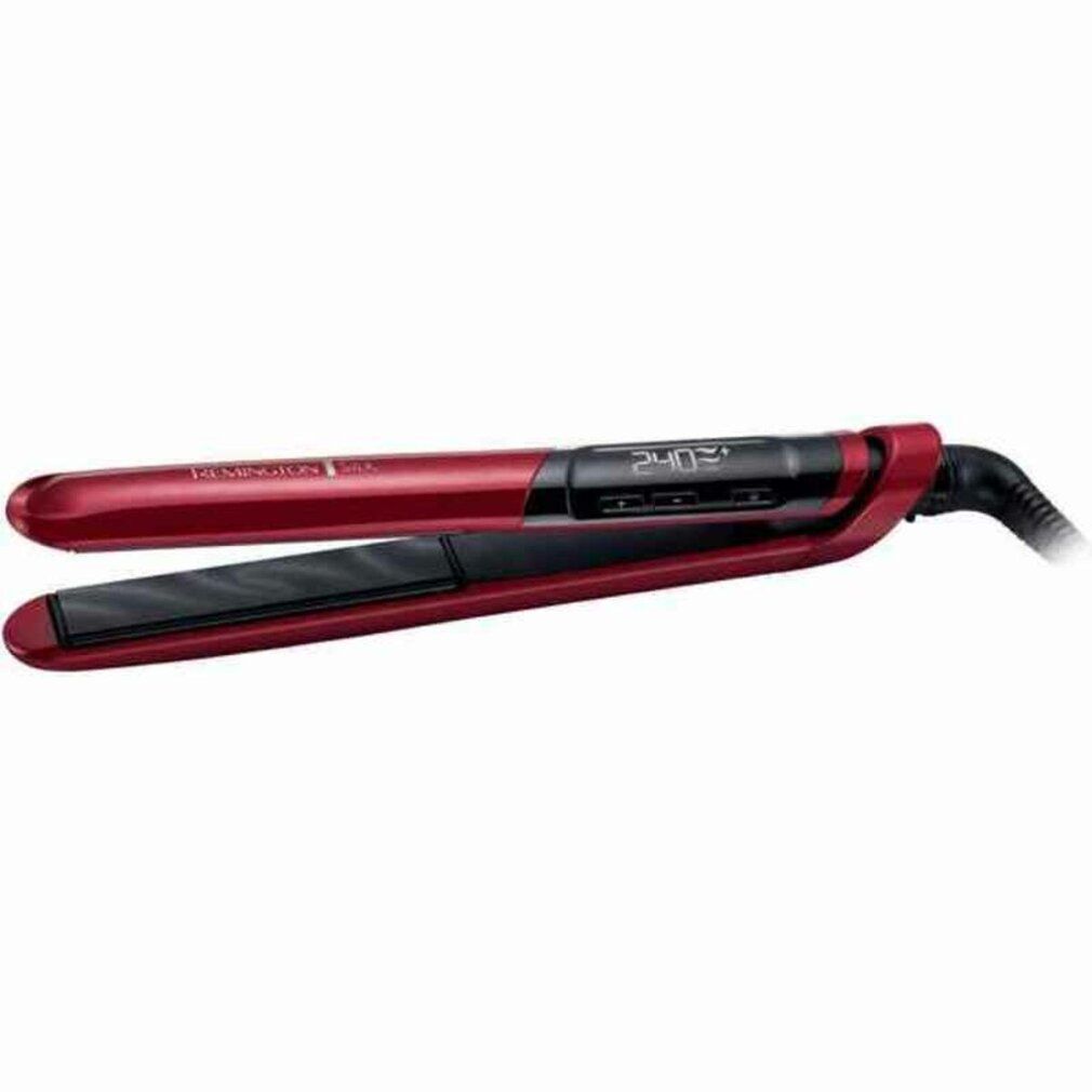Rotes Glätteisen mit schwarzer Platte und digitaler Temperaturanzeige. Marke Remington.