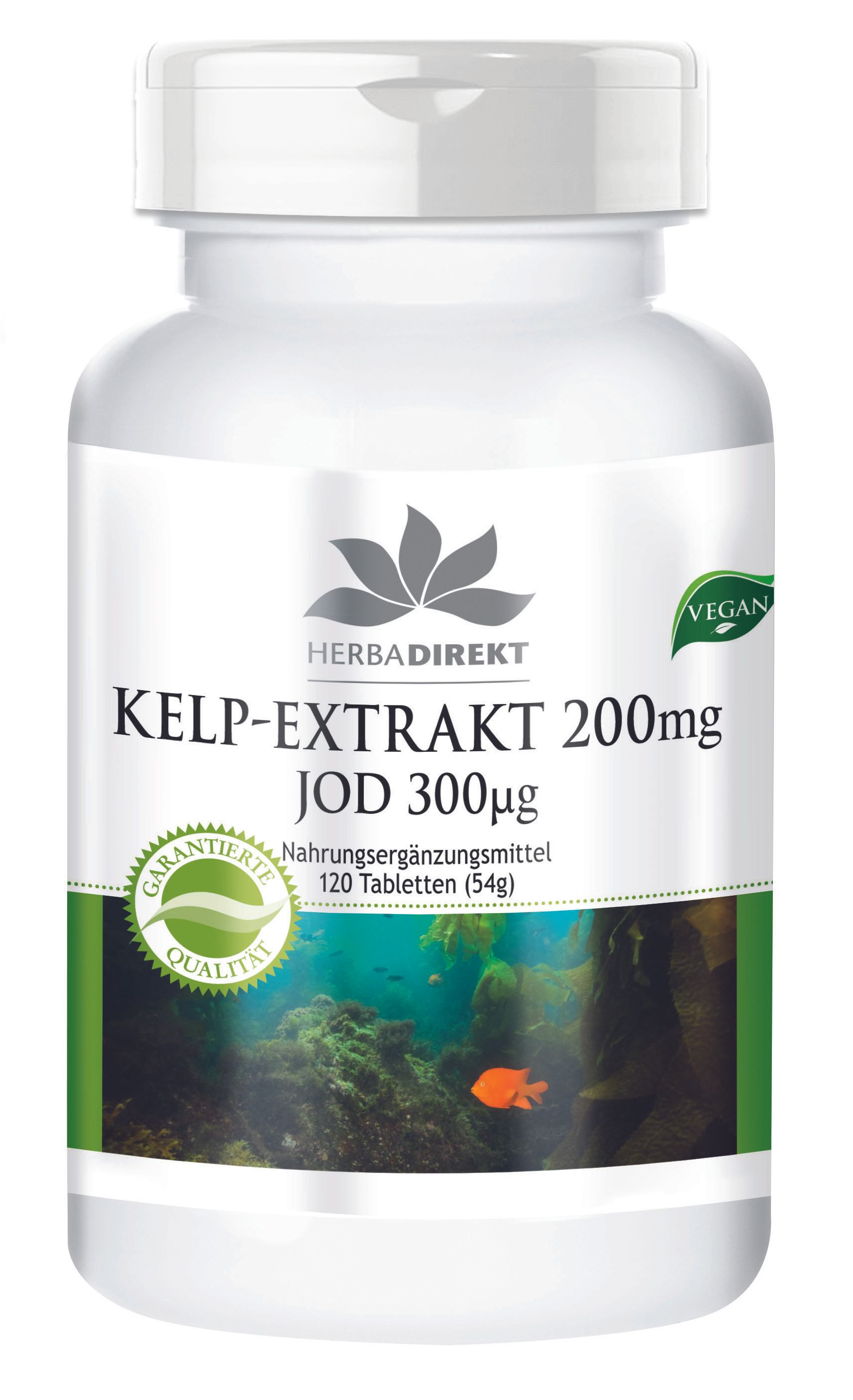 Weißes Pillenfläschchen mit grünem Etikett. Aufschrift: Kelp-Extrakt 200mg Jod 300µg. Siegel: Garantierte Qualität. Vegan-Logo.