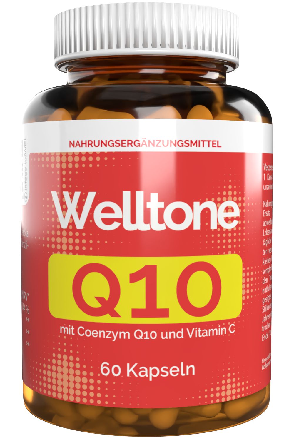 Braune Kapseln in einer transparenten Flasche mit weißem Deckel. Rotes Etikett mit "Welltone Q10" und "60 Kapseln".