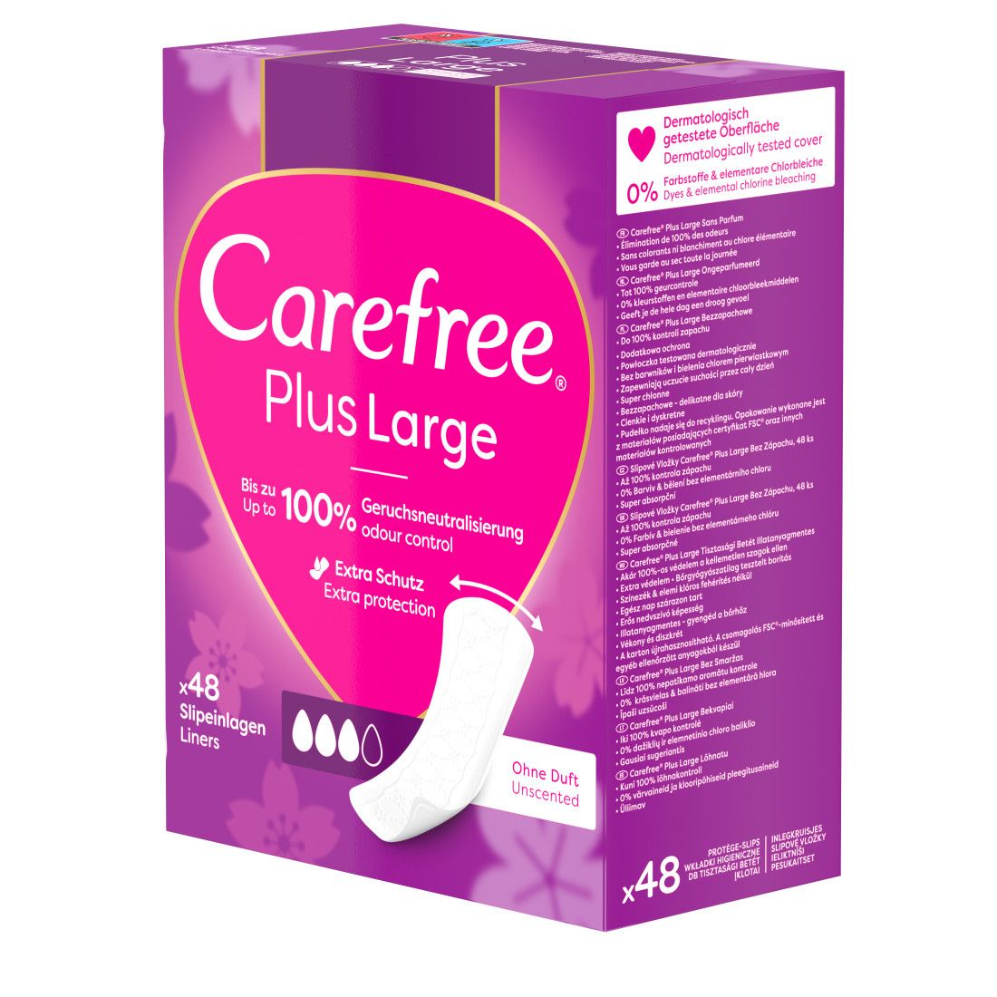 Carefree Plus Large Verpackung. Pinkes Design mit Produktabbildung und Text. Enthält 48 Slipeinlagen. Ohne Duft.