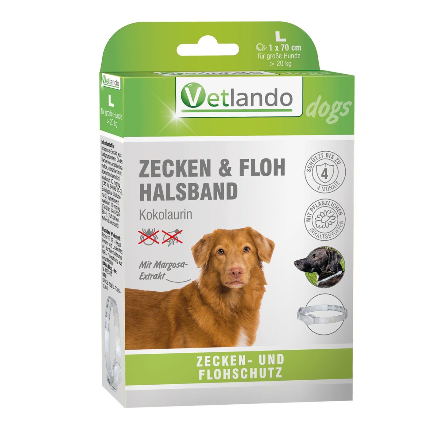 Verpackung des Vetlando Zecken- & Floh-Halsband Kokolaurin für große Hunde (L). Mit Margosa-Extrakt.