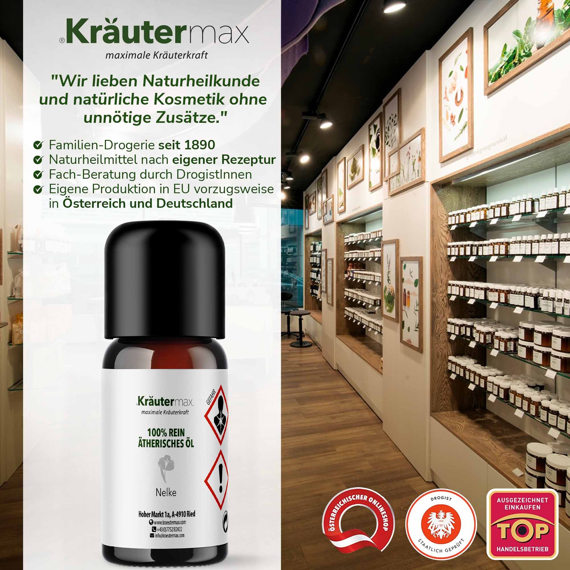 Braune Glasflasche mit schwarzem Deckel. Etikett mit Text und Logo. In einer Drogerie. Text: 100% reines ätherisches Öl. Zertifizierungen.