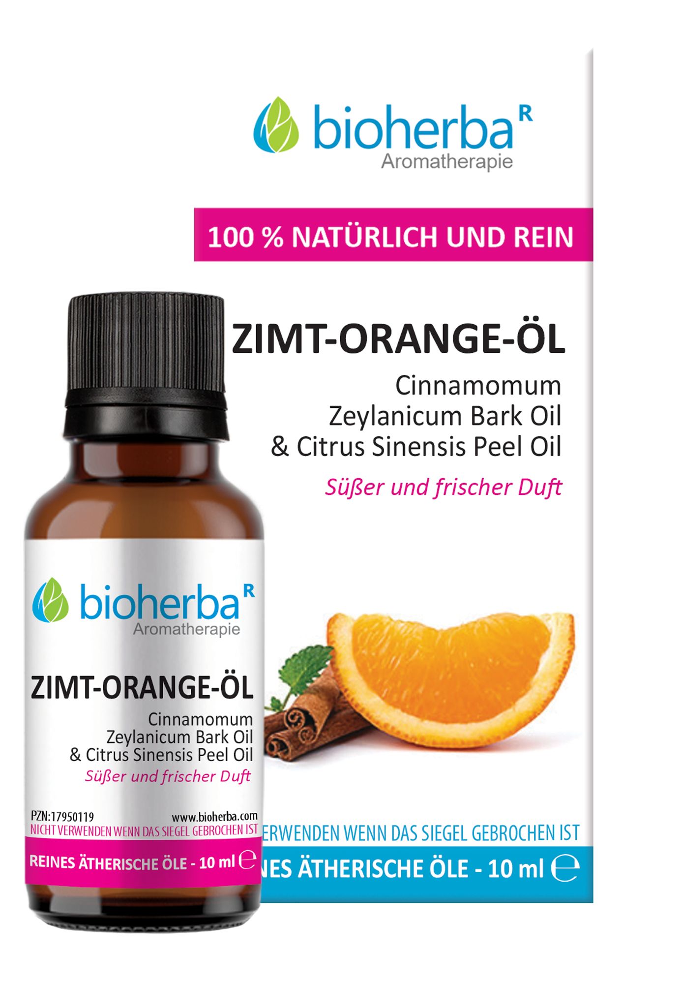 Braune Glasflasche mit schwarzem Deckel. Daneben Verpackung mit Produktnamen und Abbildung von Orange und Zimtstangen.