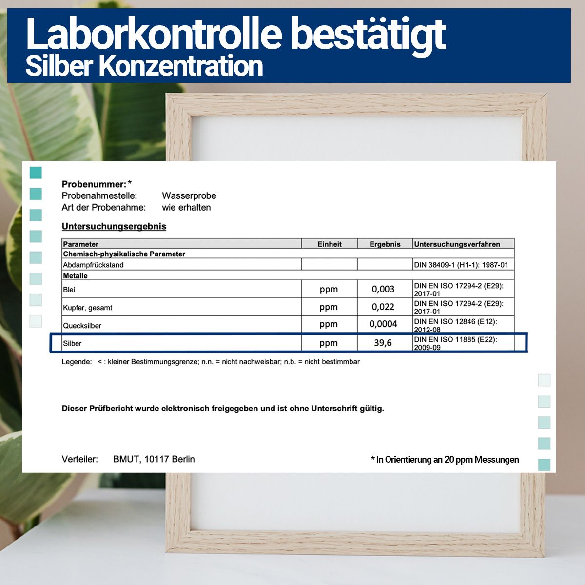 Rahmen mit Laborbericht. Text: Silber Konzentration. Silber 39,6 ppm. Probenahmestelle: Wasserprobe. Laborergebnis bestätigt.