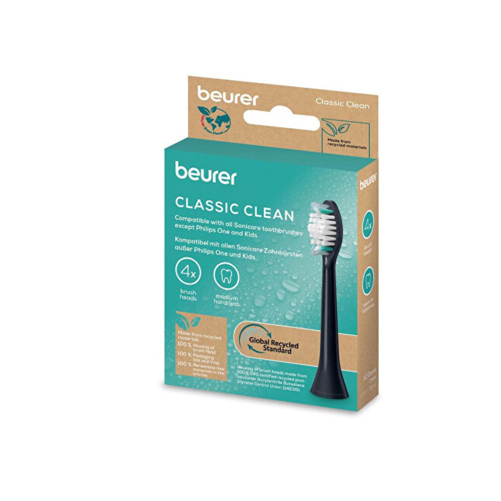Verpackung von beurer ClassicClean. Enthält 4 Bürstenköpfe. Marke und Produktname deutlich sichtbar.