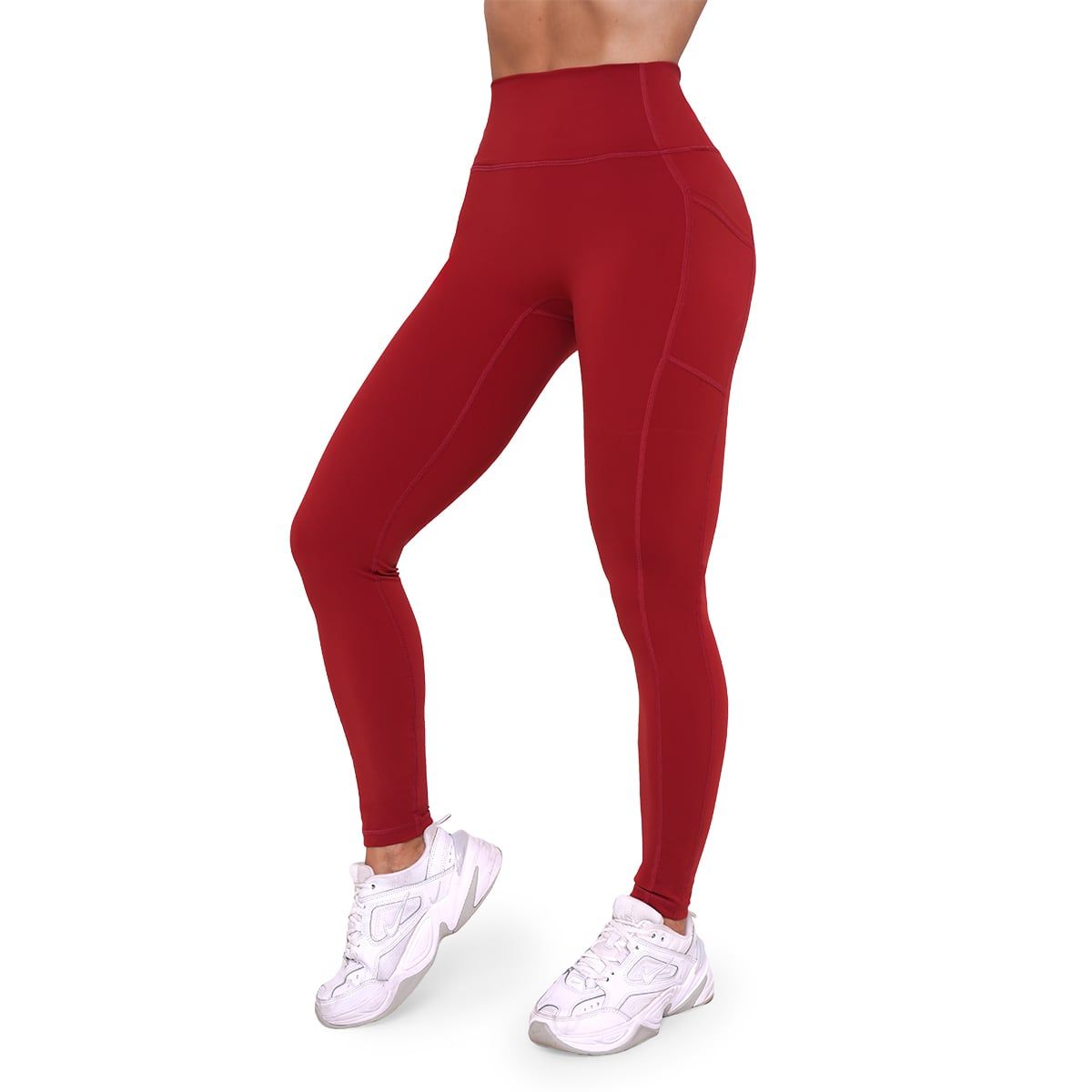 Damen-Leggings in Dunkelrot mit hoher Taille, seitlichen Taschen und figurbetontem Schnitt.