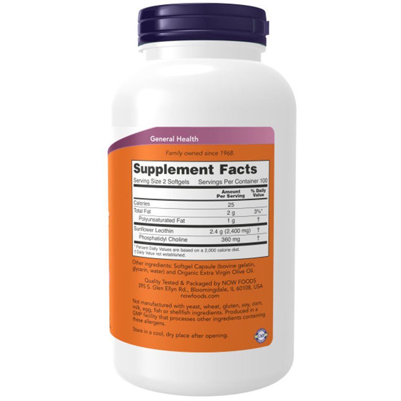 Rückseite der Flasche. Orangefarbenes Etikett mit Nährwertangaben. Enthält Sonnenblumen-Lecithin. Marke: NOW. 100 Portionen.