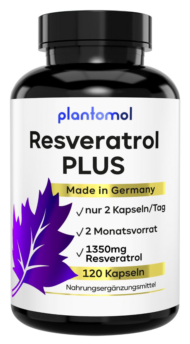 Schwarze Flasche mit plantomol Resveratrol PLUS. Enthält 120 Kapseln, 1350mg Resveratrol, Made in Germany. Lila Blatt-Logo.