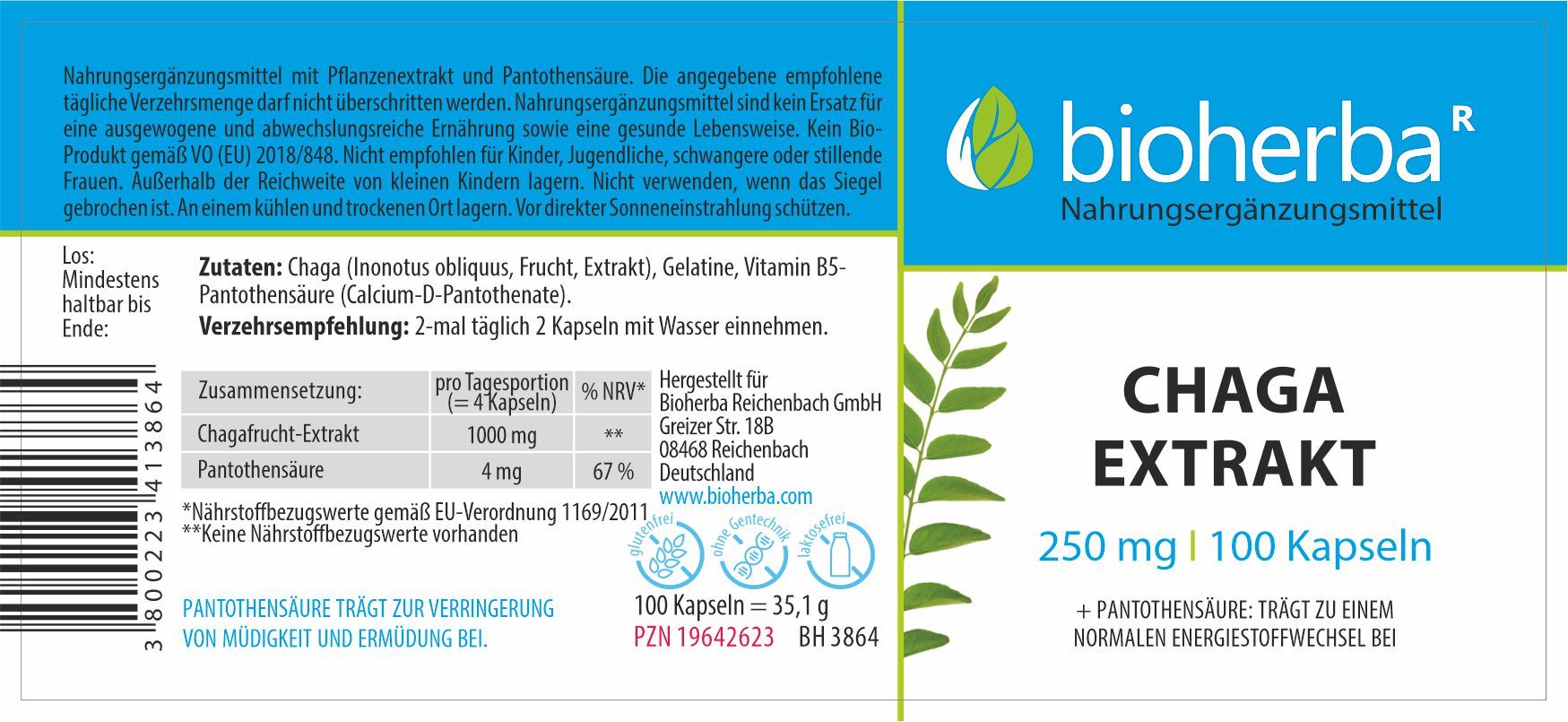 Etikett mit Produktinformationen. Text: Chaga Extrakt, 250 mg, 100 Kapseln. Marke: bioherba. Zutatenliste und Nährwertangaben.