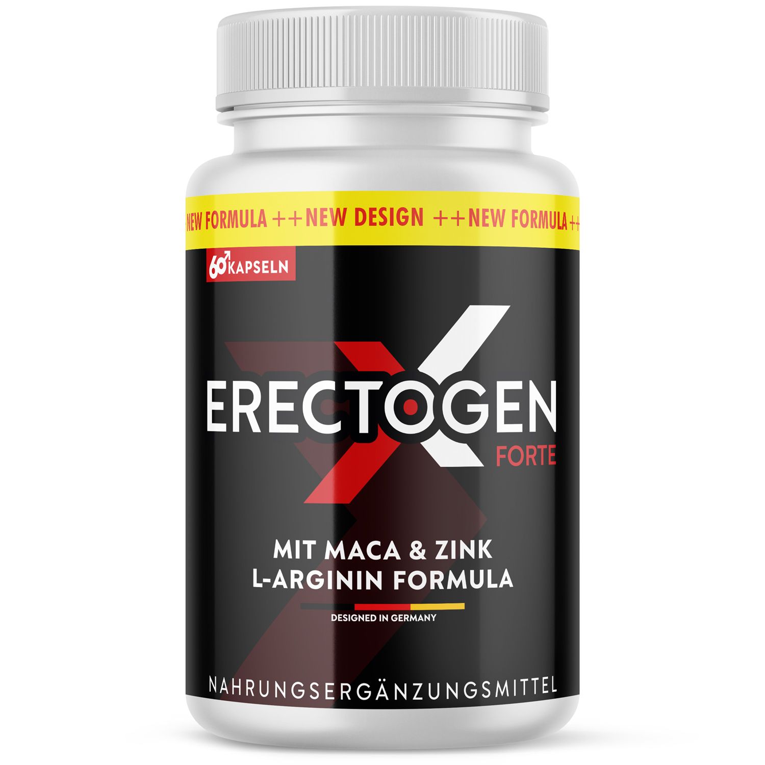Weiße Flasche mit schwarzen und roten Etikett. Aufschrift: Erectogen Forte, 60 Kapseln, Inhaltsstoffe. Nahrungsergänzungsmittel.