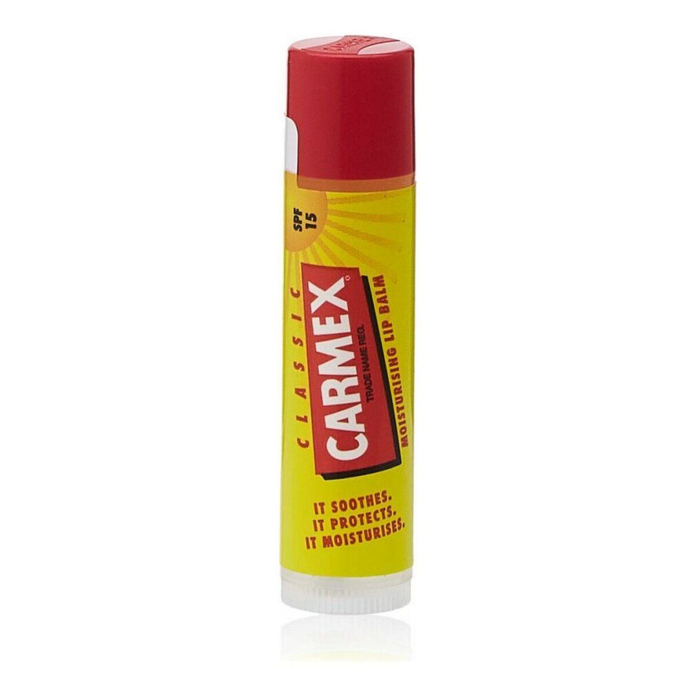 Gelber Lippenpflegestift mit roter Kappe. Aufschrift: Carmex Classic, SPF 15.