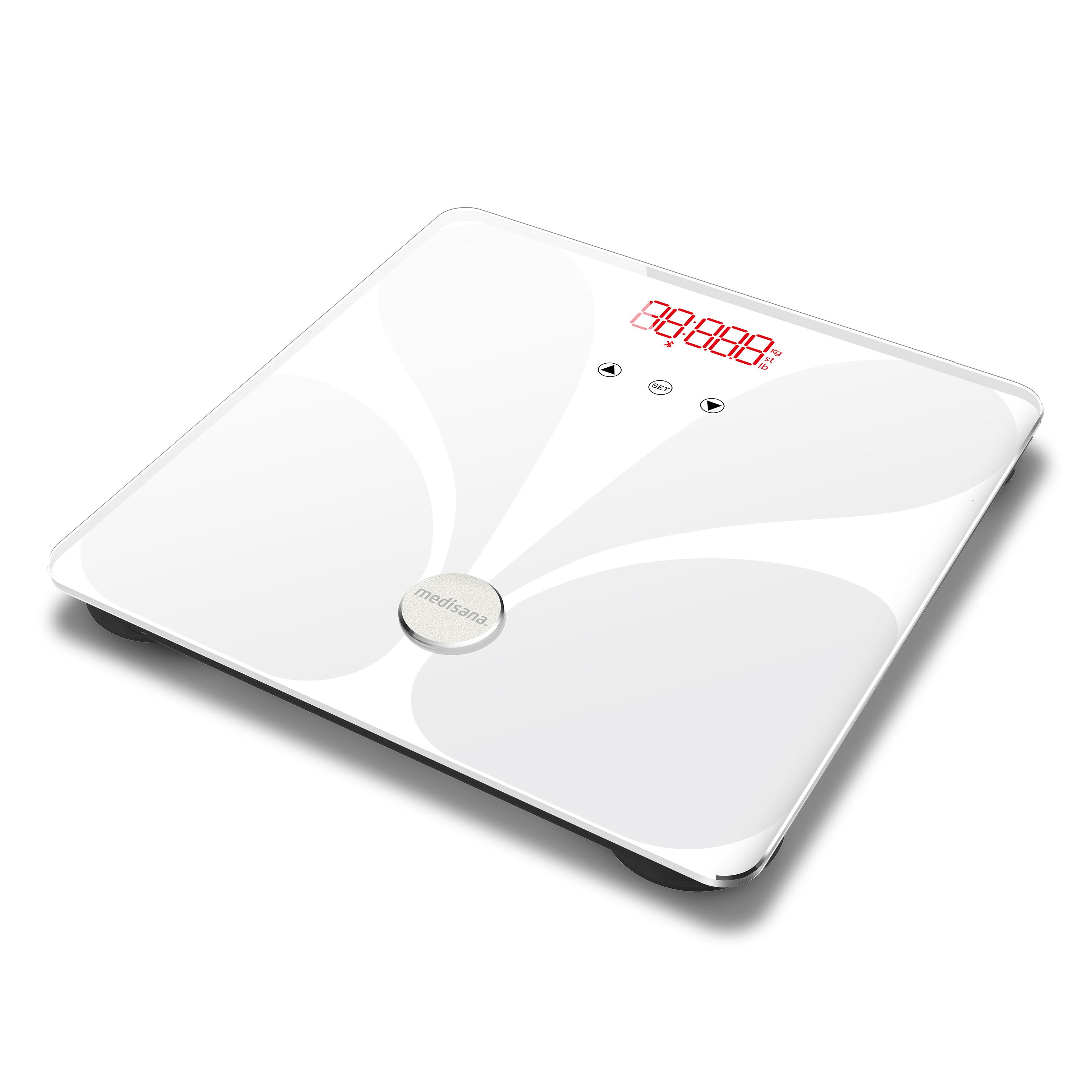 Weiße Körperanalysewaage mit roter Digitalanzeige (88.888) und Medisana Logo, schräg von oben.