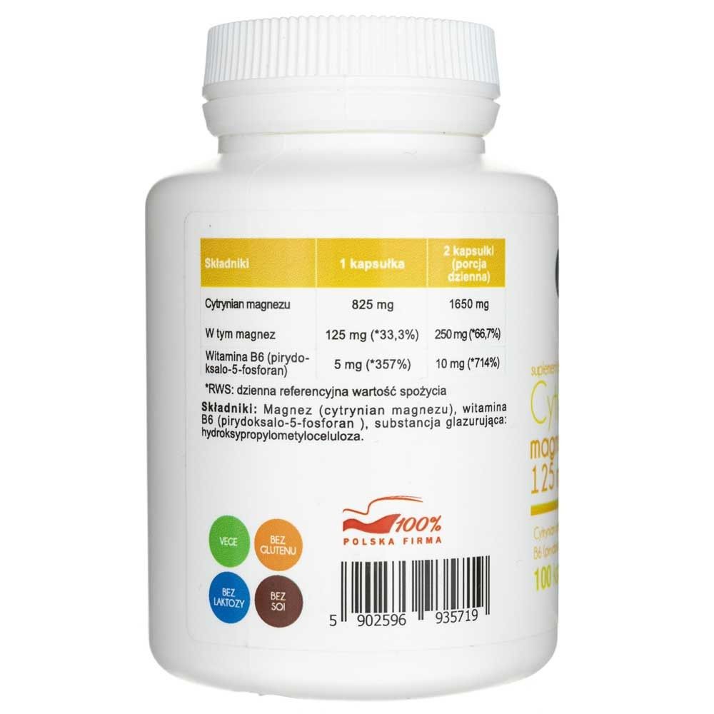 Rückseite der Aliness Magnesiumcitrat 125 mg mit B6 (P-5-P) Dose mit Nährwertangaben und Siegeln.