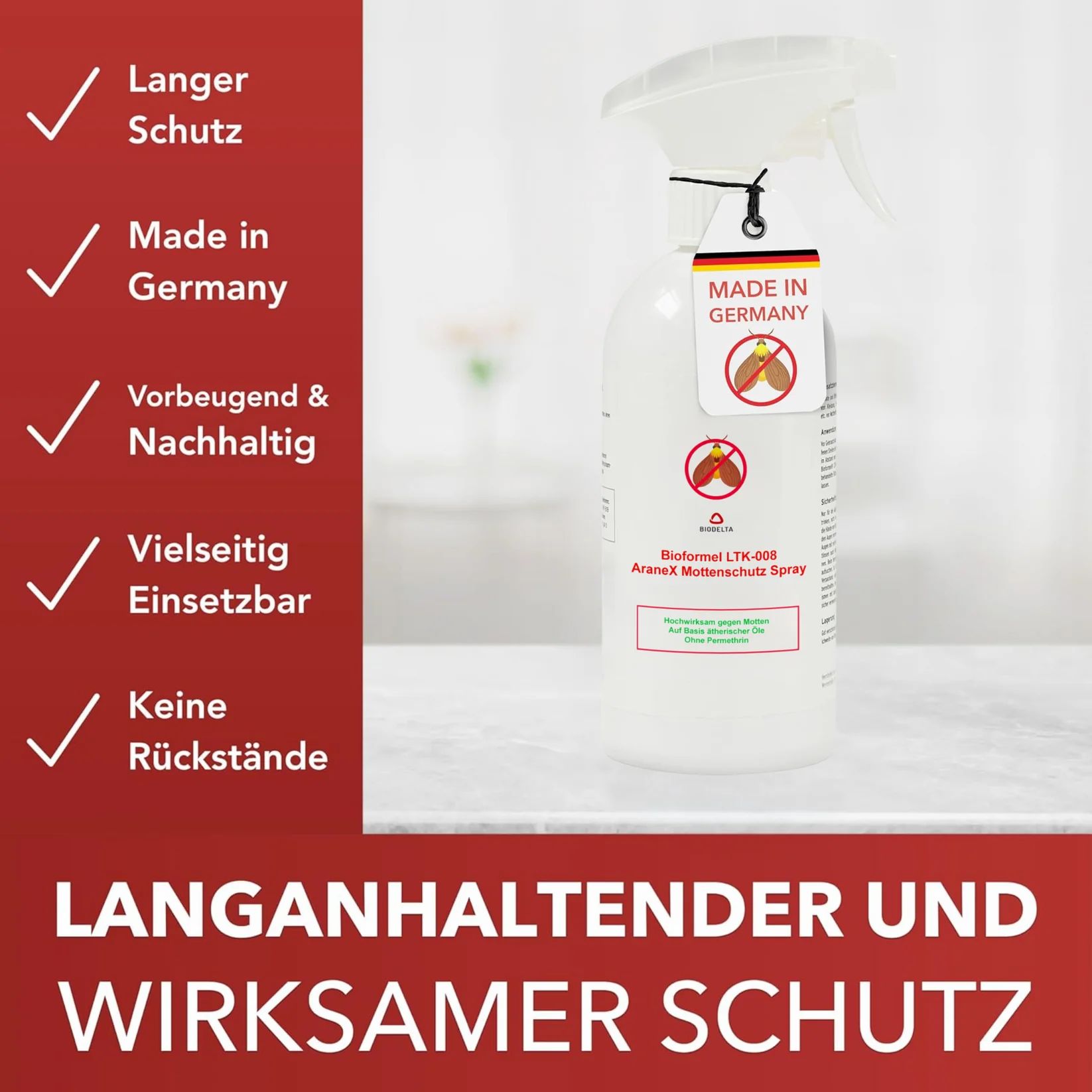 Weiße Sprühflasche mit Etikett „Made in Germany“. Text: Bioformel LTK-008 AraneX Mottenschutz Spray. Auf rotem Hintergrund: Lang anhaltender und wirksamer Schutz.