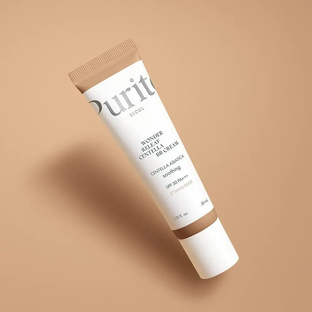 Tube PURITO Wonder Releaf Centella BB Cream 27 Sand Beige. Weißer Tube, beige Kappe. Text: SPF 30 PA+++, 30 ml.