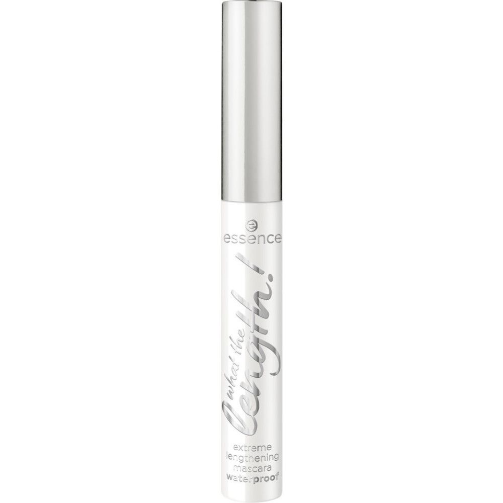 Weißer Mascara-Behälter mit silberner Kappe. Aufschrift: What the Length! und Essence-Logo. Extreme lengthening mascara.