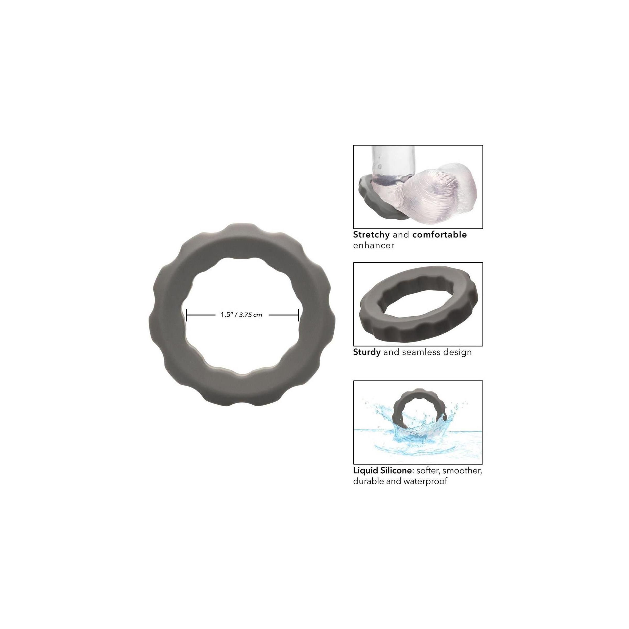 Grauer Silikon-Erektionsring mit Maßangabe 3,75 cm und Detailansichten.