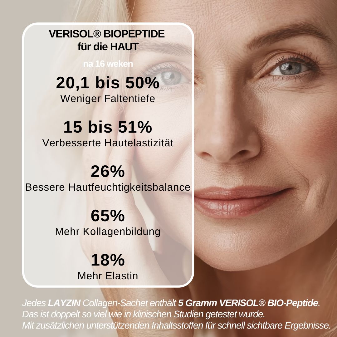 Frau mit Gesicht. Text: Verisol Biopeptide für die Haut. Ergebnisse nach 16 Wochen.