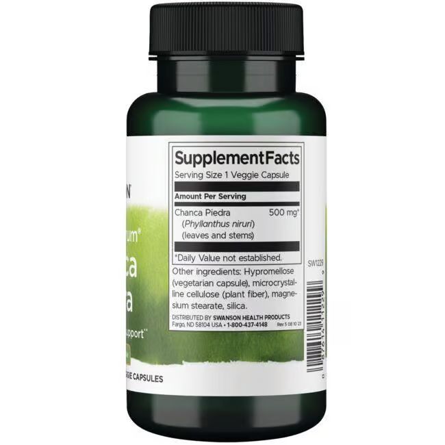 Rückseite der grünen Flasche. Etikett mit Nährwertangaben: Chanca Piedra, 500 mg. Inhaltsstoffe und Herstellerinformationen.