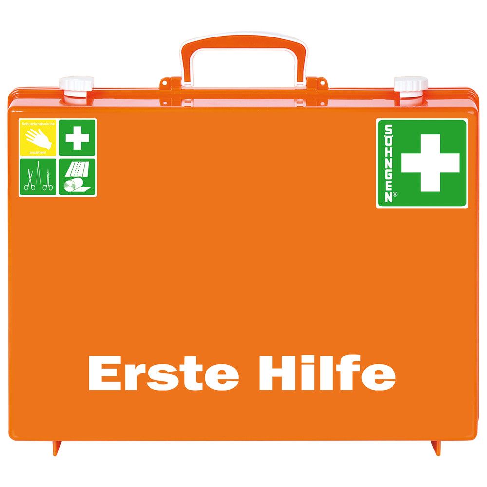 Orange Erste-Hilfe-Koffer mit weißem Griff und Aufklebern. Aufschrift "Erste Hilfe". Logo und grünes Kreuz. DIN 13169.