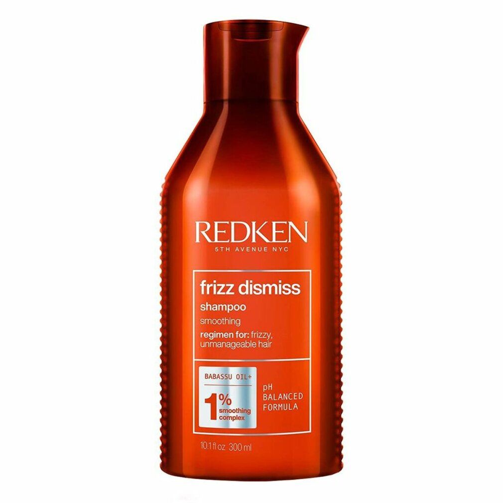 Rote Redken Frizz Dismiss Shampoo Flasche. Text: Frizz Dismiss, Shampoo, pH-ausgewogene Formel, 1% Smoothing Complex.