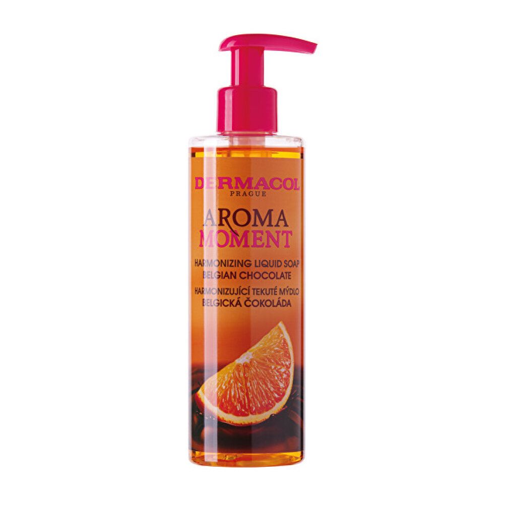 Flüssigseife mit Dosierpumpe. Aufschrift: Dermacol, Aroma Moment, Belgian Chocolate. Abbildung einer Orangenscheibe.