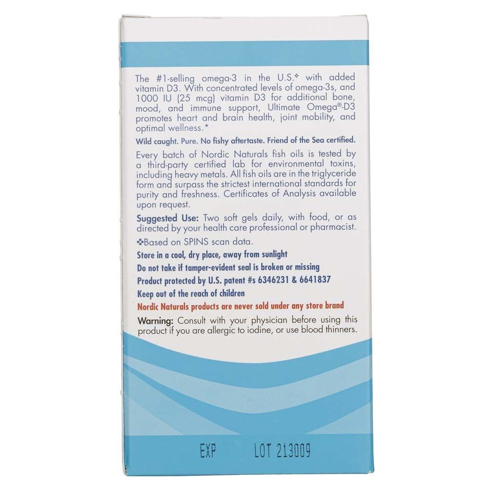 Seite der Nordic Naturals Ultimate Omega-D3 Verpackung mit Produktbeschreibung und Anwendungshinweisen.