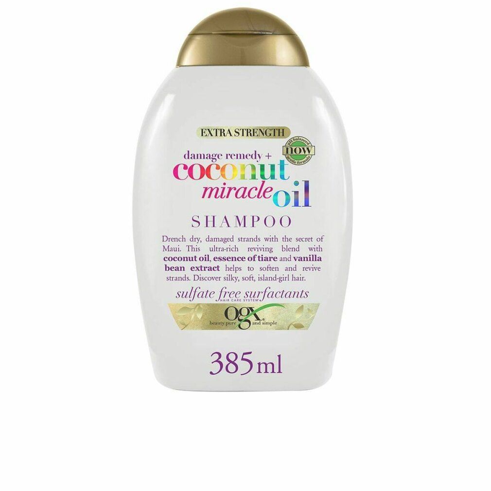 Weiße Shampoo-Flasche mit goldfarbenem Deckel. Aufschrift: Coconut Miracle Oil, Shampoo, 385ml. Marke: OGX.