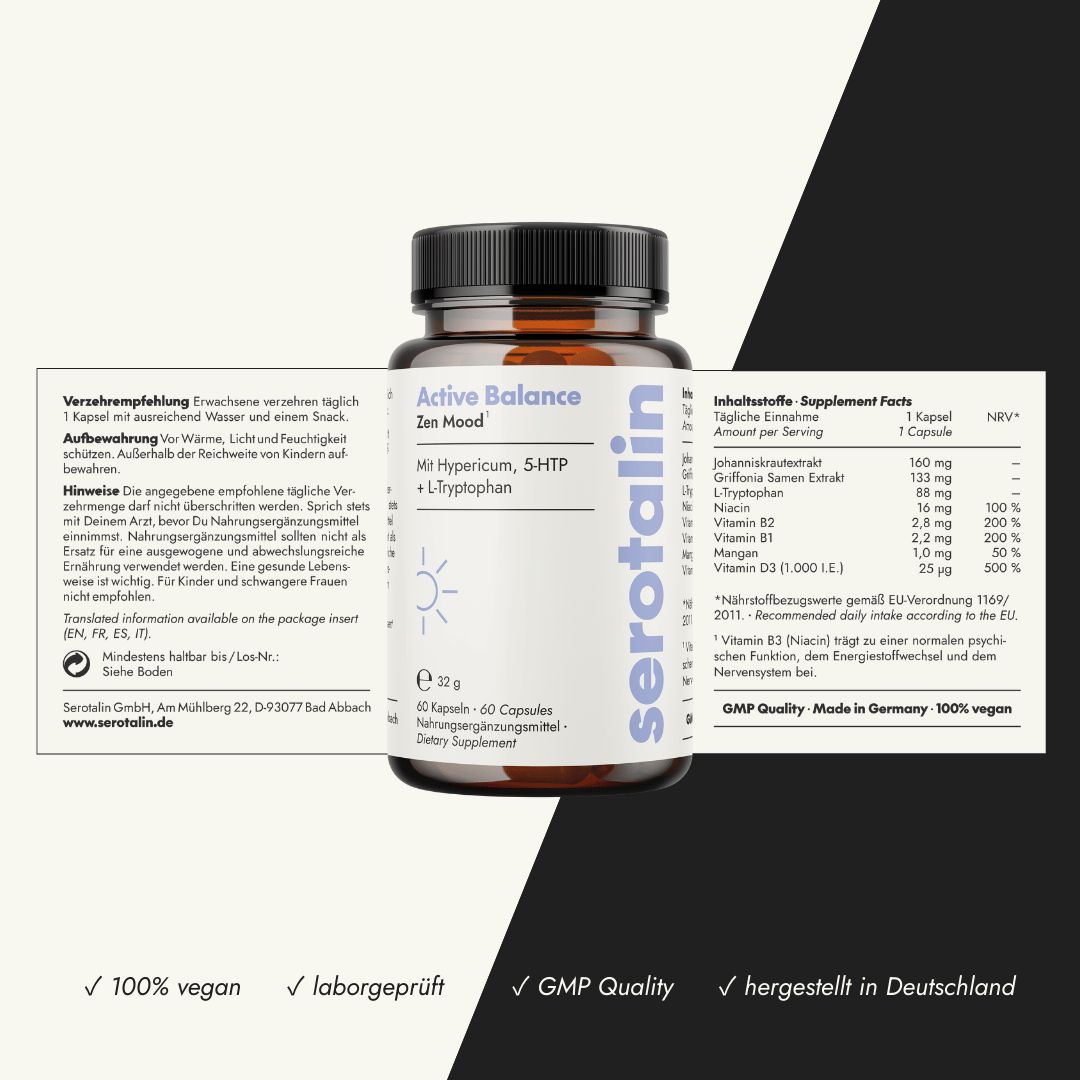 Flasche und Verpackung mit Text: Active Balance Zen Mood. Inhaltsstoffe, Verzehrempfehlung, Hinweise. 100% vegan, GMP Quality, hergestellt in Deutschland.
