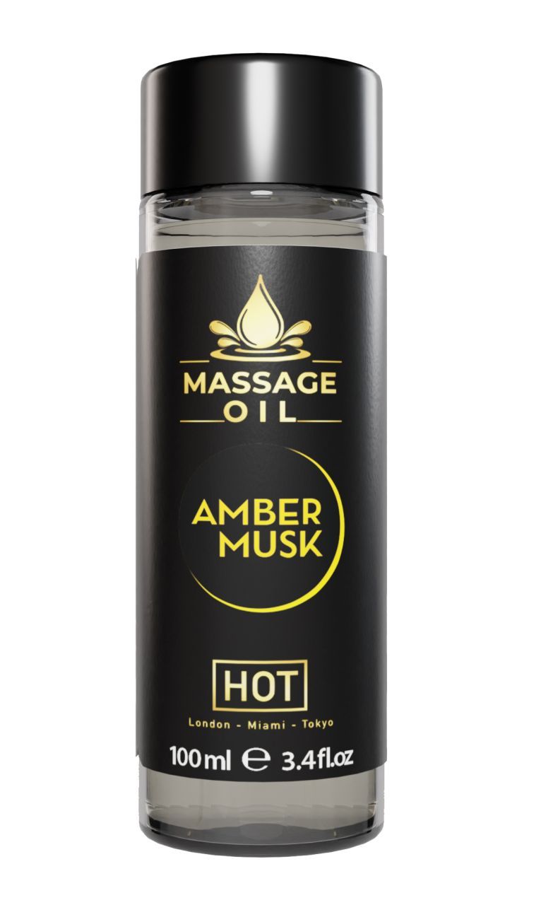 Zylindrische Flasche mit schwarzem Deckel. Aufschrift: MASSAGE OIL AMBER MUSK. Unter: HOT, 100ml.