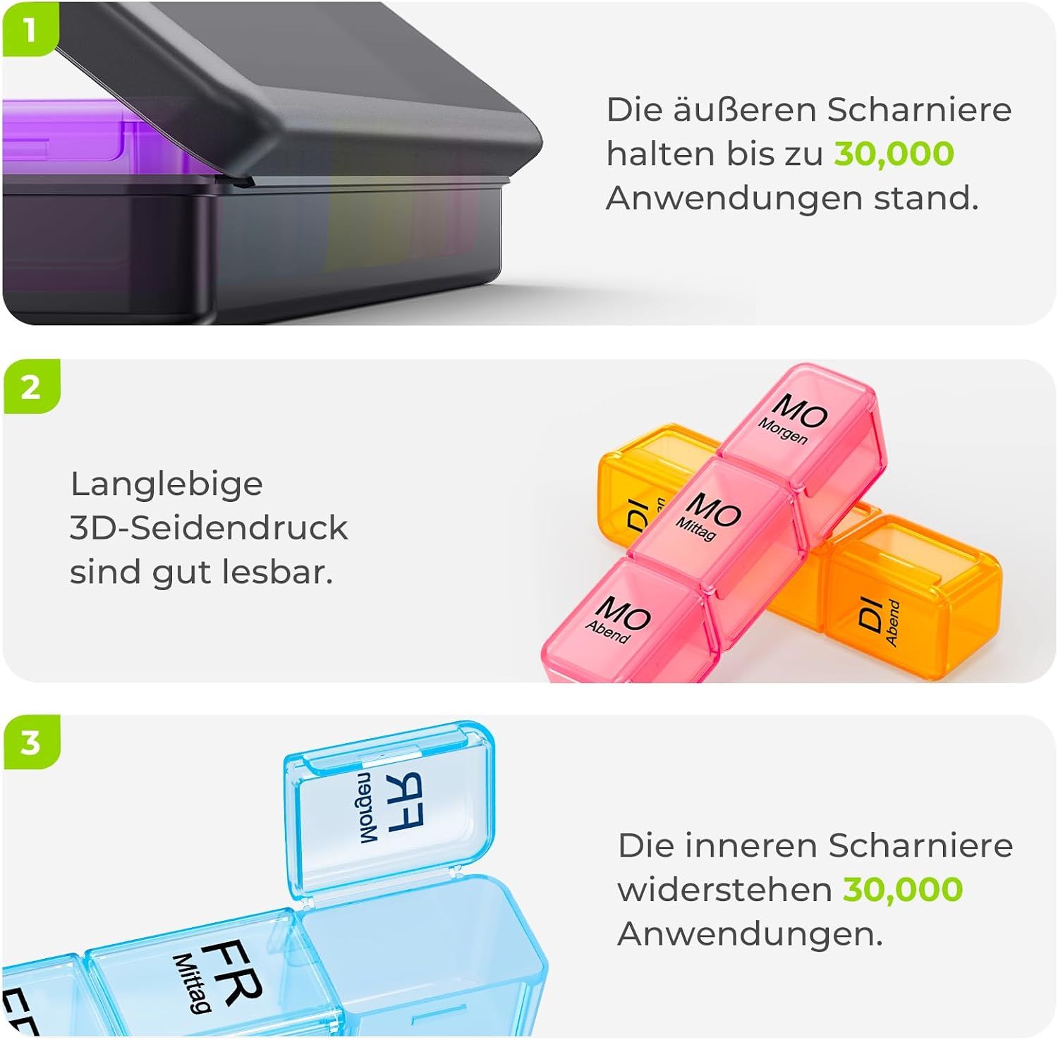 Detailansicht eines Pillenbehälters, der die Langlebigkeit der Scharniere zeigt.
