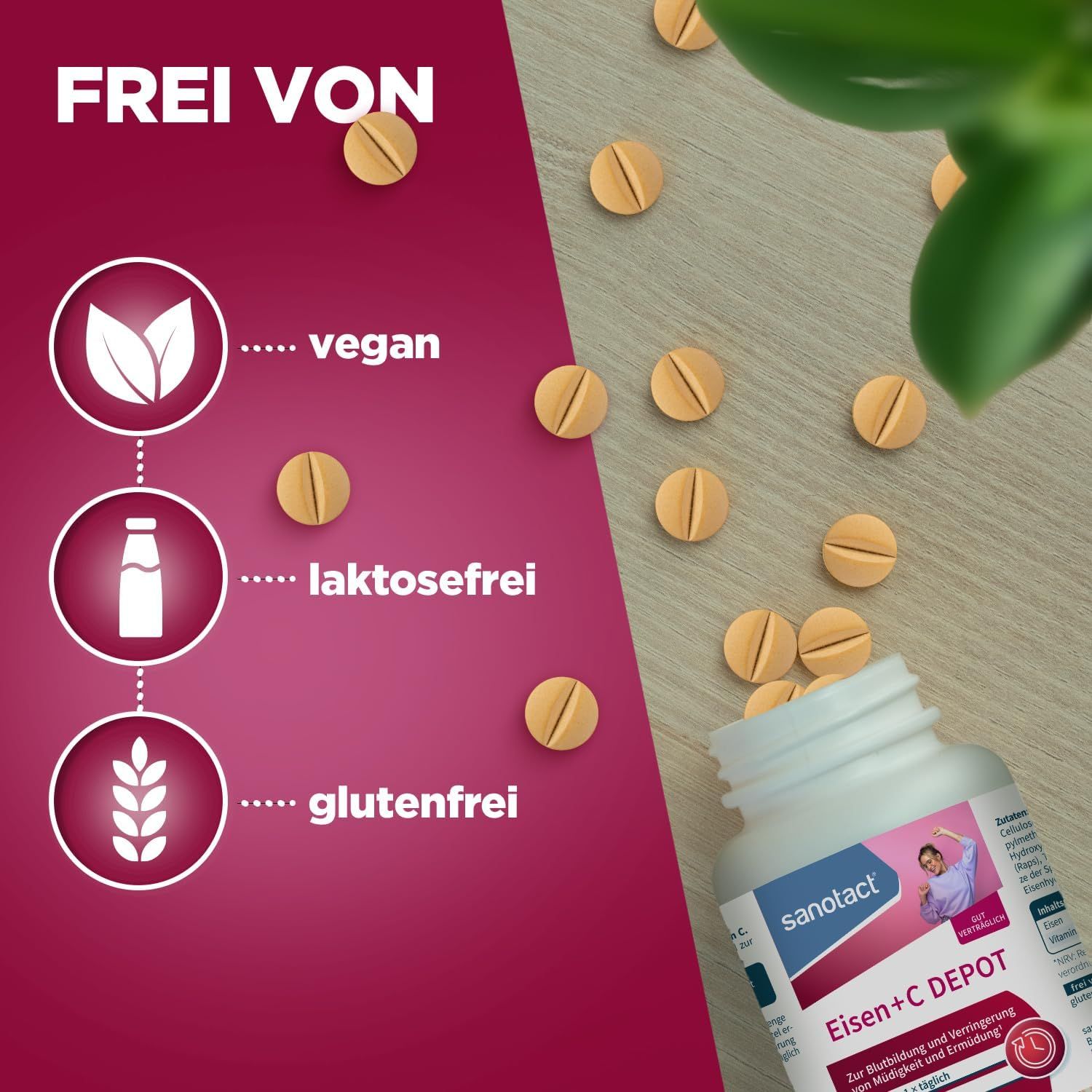 Gelbe Tabletten und Flasche sanotact Eisen+C Depot. Text: vegan, laktosefrei, glutenfrei.