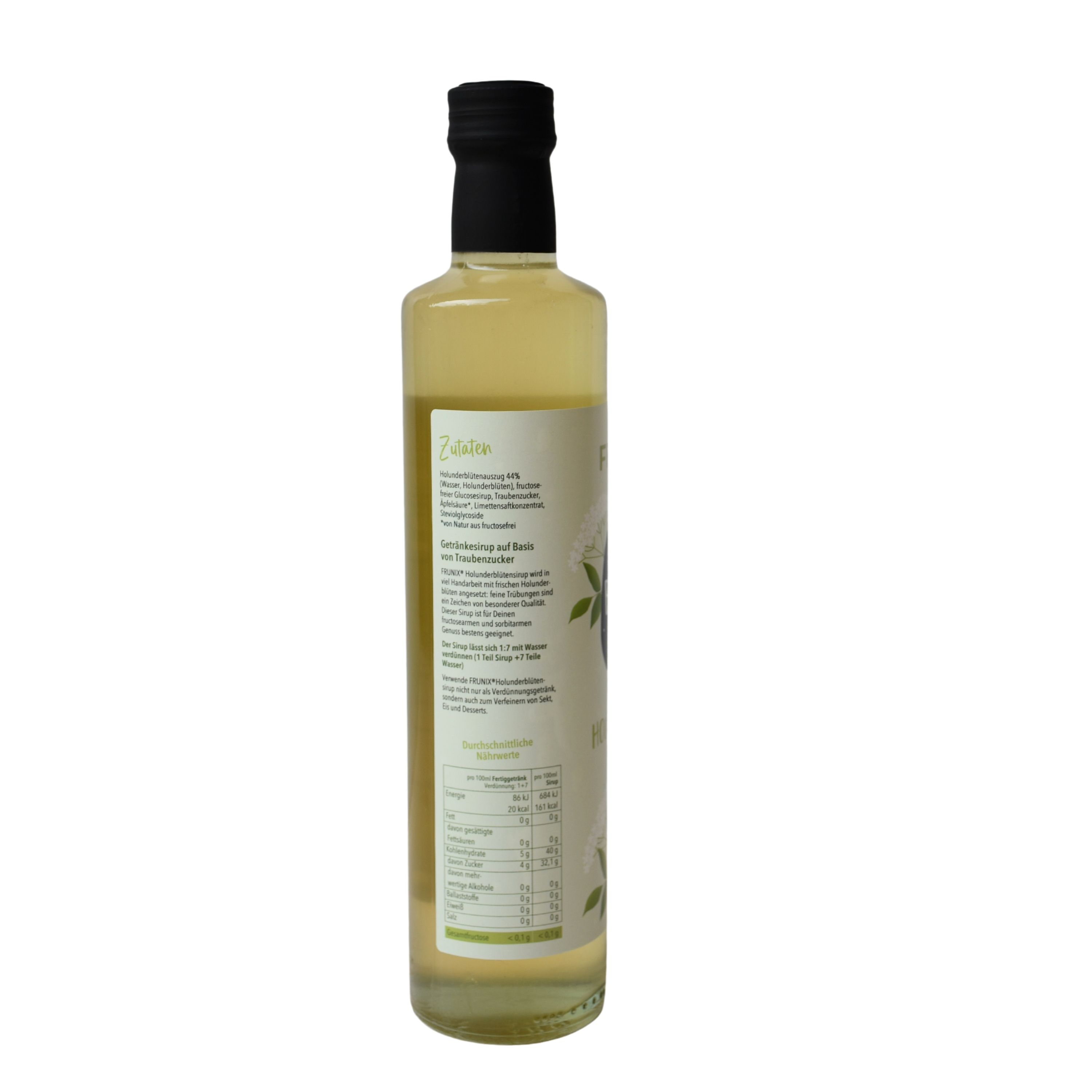 Glasflasche mit schwarzem Verschluss. Etikett mit Text und floralem Design. Klarer Inhalt.
